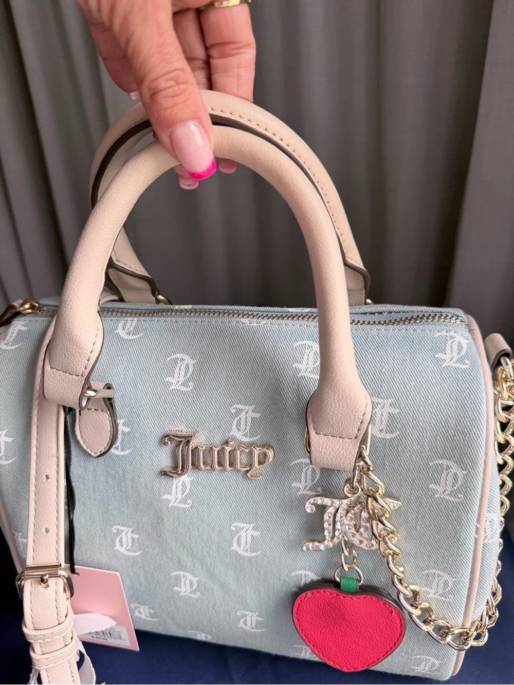 Juicy Couture Light Blue Satchel with Cream Handles & Red Heart Charm